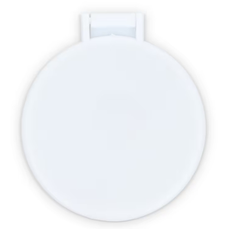 Vue de dessus d’un miroir compact rond blanc fermé, sans personnalisation visible sur la face supérieure.