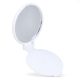 Petit miroir compact rond blanc ouvert montrant le miroir intérieur et le couvercle relevé. Petit miroir compact rond blanc ouvert montrant le miroir intérieur et le couvercle relevé.