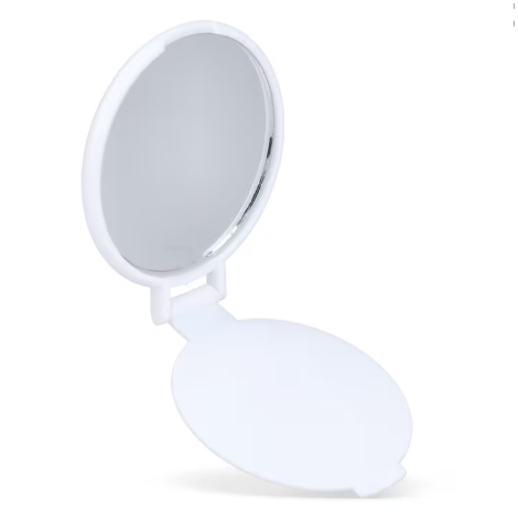 Petit miroir compact rond blanc ouvert montrant le miroir intérieur et le couvercle relevé.