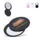 Miroir compact rond noir partiellement ouvert avec personnalisation visible sur le dessus du couvercle, accompagné d’une vignett Miroir compact rond noir partiellement ouvert avec personnalisation visible sur le dessus du couvercle, accompagné d’une vignett