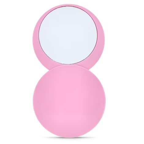Miroir compact rond rose ouvert, sans marquage apparent sur le dessus visible.