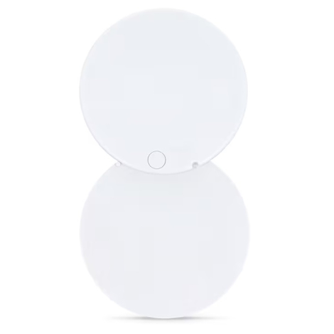 Miroir compact rond blanc ouvert vu de dos.