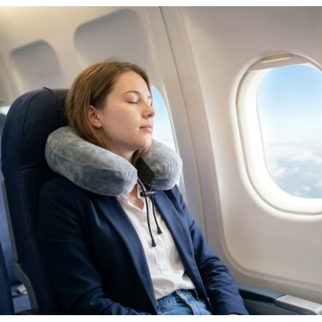 Femme assise dans un avion portant l’oreiller de voyage autour du cou.
