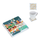 Sous-verre carré avec jeu de morpion intégré et couvercle transparent amovible, présentant une personnalisation visible sur le d