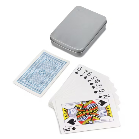 Jeu de cartes au dos bleu présenté hors de la boîte avec le couvercle fermé à côté, sans personnalisation visible.