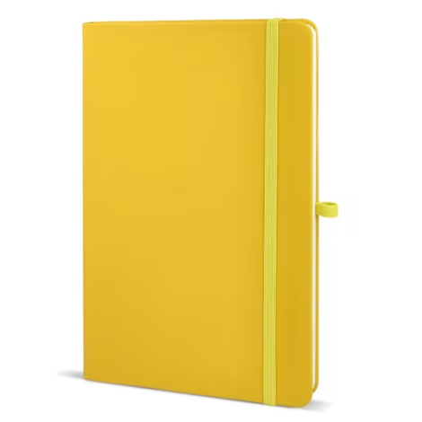 Vue de face d’un carnet Sora A5 fermé de couleur jaune, sans personnalisation visible.