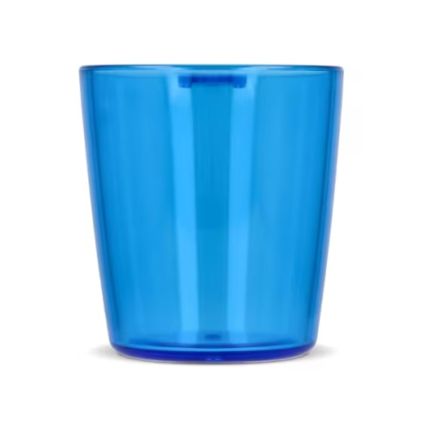 Sans marquage apparent, verre à shot translucide bleu présenté en vue de face.