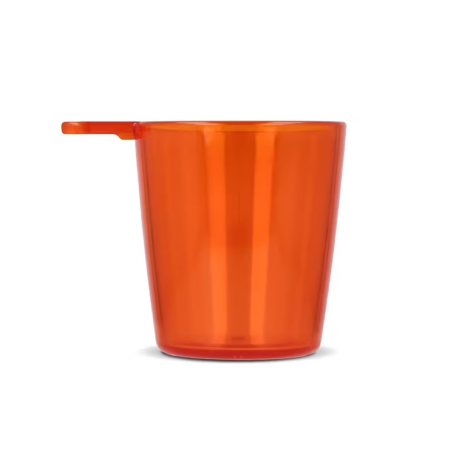 Vue latérale d’un verre à shot translucide orange montrant l’attache du cordon avec absence de personnalisation visible.