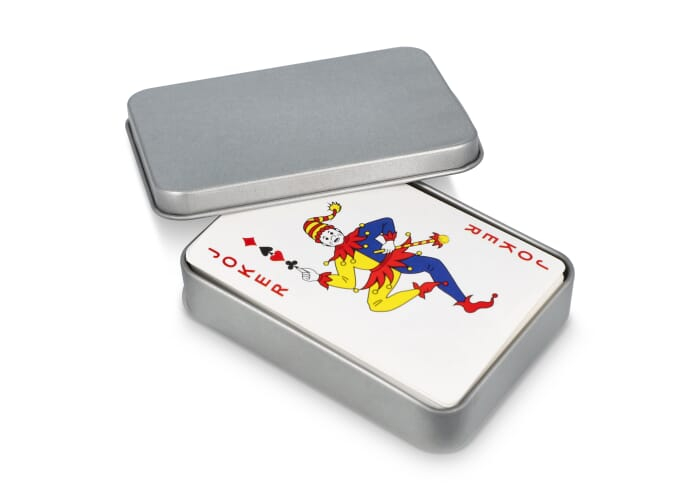 Cartes à jouer à personnaliser en boîte métal Argent/Bleu