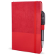 Vue de face du carnet rouge avec couverture texturée, fermeture élastique et stylo maintenu sur le côté, sans personnalisation v Vue de face du carnet rouge avec couverture texturée, fermeture élastique et stylo maintenu sur le côté, sans personnalisation v
