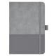 Vue de face du carnet gris mettant en évidence la couverture bicolore, la fermeture élastique et le passant porte-stylo, sans ma Vue de face du carnet gris mettant en évidence la couverture bicolore, la fermeture élastique et le passant porte-stylo, sans ma
