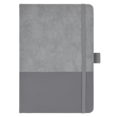 Vue de face du carnet gris mettant en évidence la couverture bicolore, la fermeture élastique et le passant porte-stylo, sans ma
