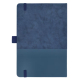 Vue arrière du carnet bleu avec couverture texturée et bande inférieure contrastée, sans personnalisation visible sur la face pr Vue arrière du carnet bleu avec couverture texturée et bande inférieure contrastée, sans personnalisation visible sur la face pr