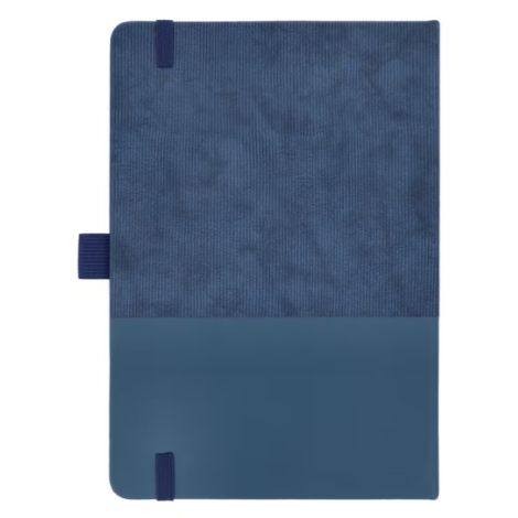 Vue arrière du carnet bleu avec couverture texturée et bande inférieure contrastée, sans personnalisation visible sur la face pr