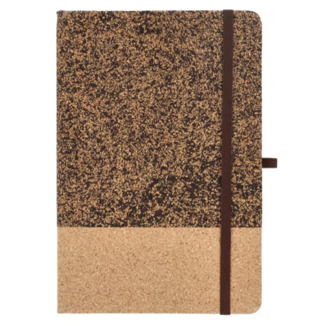 Vue de face du carnet mettant en évidence la couverture texturée en fibres de café, la bande inférieure en liège et la fermeture