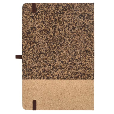 Vue arrière du carnet montrant la couverture en fibres de café associée à une bande inférieure en liège naturel.