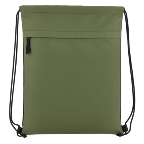 Vue de face d’un sac à cordon vert avec poche frontale à fermeture zippée, sans personnalisation visible sur la face avant.