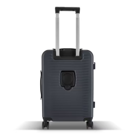 Vue arrière de la valise mettant en évidence la poignée télescopique et le porte-gobelet intégré au dos.
