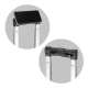 Détails de la poignée télescopique avec support intégré pour smartphone ou tablette en position ouverte et fermée. Détails de la poignée télescopique avec support intégré pour smartphone ou tablette en position ouverte et fermée.