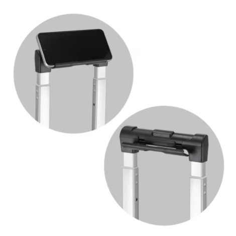 Détails de la poignée télescopique avec support intégré pour smartphone ou tablette en position ouverte et fermée.