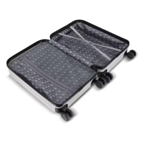 Vue intérieure de la valise ouverte avec compartiments de rangement, sangles de maintien et poche zippée.
