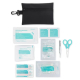 Trousse de premiers secours noire accompagnée de ses 14 accessoires de soin disposés à plat pour présenter le contenu complet du Trousse de premiers secours noire accompagnée de ses 14 accessoires de soin disposés à plat pour présenter le contenu complet du