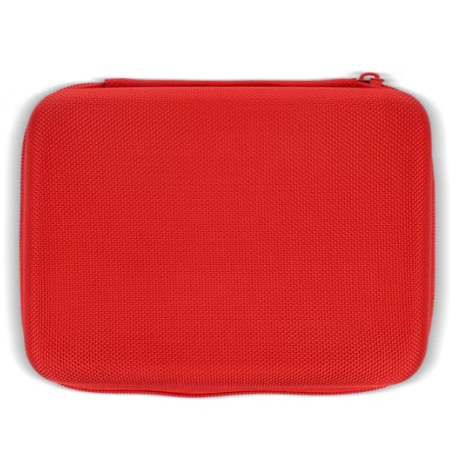Vue de dessus d’une trousse de premiers secours rouge fermée, sans personnalisation visible sur la zone supérieure.