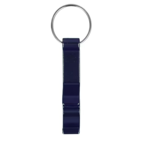 Porte-clés décapsuleur en métal bleu avec anneau métallique, présenté sur sa face arrière sans personnalisation visible.