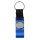 Porte-clés décapsuleur 3 en 1 en métal bleu avec anneau métallique et sangle textile noire, présenté sur sa première face sans p Porte-clés décapsuleur 3 en 1 en métal bleu avec anneau métallique et sangle textile noire, présenté sur sa première face sans p