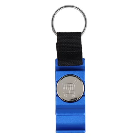 Porte-clés décapsuleur 3 en 1 en métal bleu avec anneau métallique et sangle textile noire, présenté sur sa première face sans p