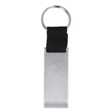 Porte-clés décapsuleur 3 en 1 en métal argenté avec anneau métallique et sangle textile noire, présenté sur sa face arrière sans