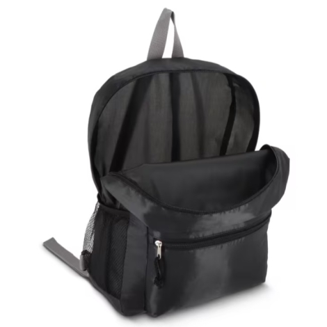 Sac à dos léger en R-PET présenté ouvert, montrant le compartiment principal et la poche avant ouverte.