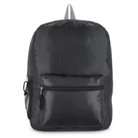 Sac à dos léger en R-PET présenté de face avec la poche avant zippée, sans marquage visible sur les zones de personnalisation ap