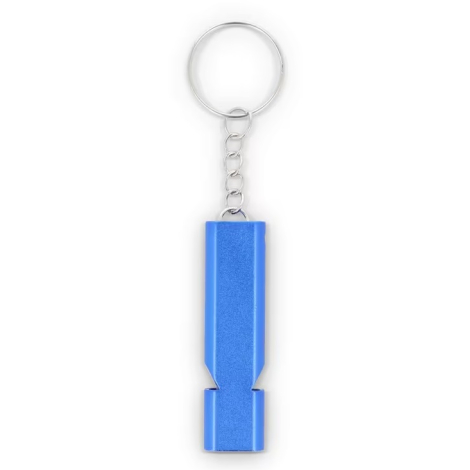Sifflet d’urgence en métal bleu avec anneau et chaînette métalliques, présenté sur le verso sans personnalisation visible.