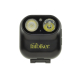 Lampe frontale noire avec personnalisation visible sur la face avant du boîtier. Lampe frontale noire avec personnalisation visible sur la face avant du boîtier.