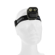 Lampe frontale portée sur un bandeau élastique noir, avec marquage apparent sur la face avant du boîtier. Lampe frontale portée sur un bandeau élastique noir, avec marquage apparent sur la face avant du boîtier.
