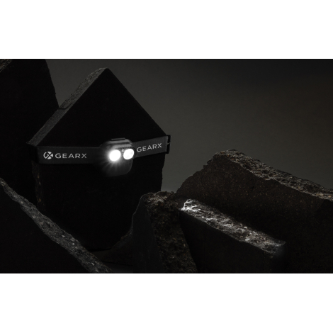 Lampe frontale allumée installée sur son bandeau dans un environnement rocheux, sans personnalisation visible.