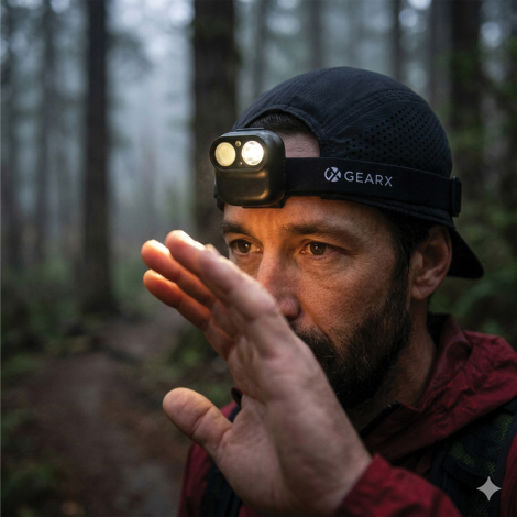 Homme portant la lampe frontale allumée en extérieur forestier, sans personnalisation visible sur la face avant du boîtier.