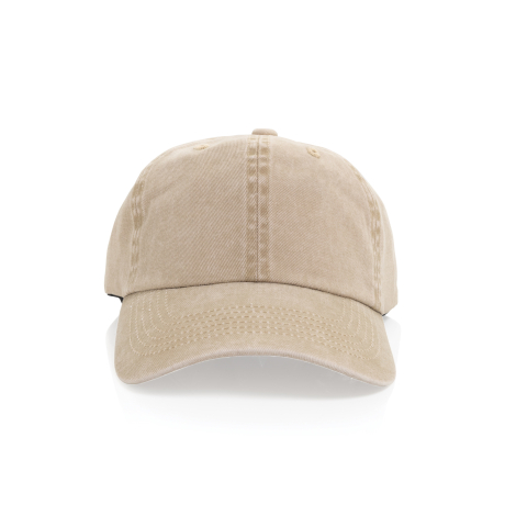Vue de face de la casquette beige présentée sans personnalisation visible sur le panneau avant.
