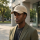 Homme portant la casquette beige dans un environnement urbain moderne, sans personnalisation visible sur la face avant.