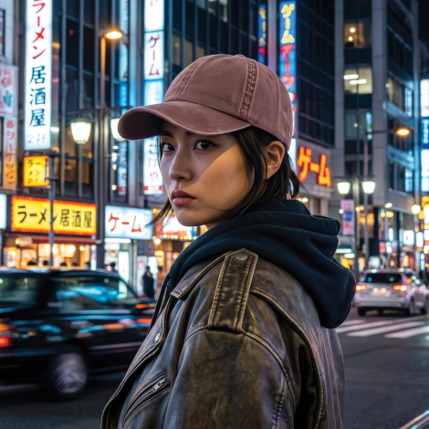 Femme portant la casquette brun délavé dans une rue animée, sans personnalisation visible.