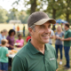 Homme portant la casquette taupe et beige lors d’un événement en extérieur, sans personnalisation visible.