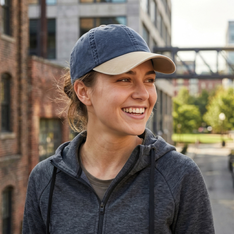 Femme portant la casquette bleue et beige dans un environnement urbain, sans personnalisation visible.