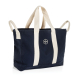 Sac de plage en toile recyclée bleu marine avec anses écrues, présentant une personnalisation visible sur la face avant.