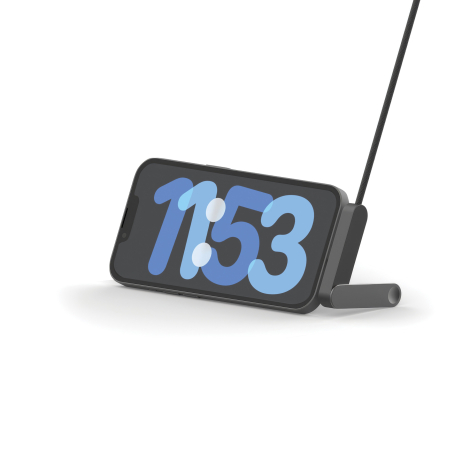 Support de téléphone réglable en utilisation avec smartphone posé à l’horizontale sur la structure intégrée au câble.