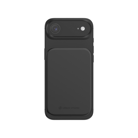 Vue arrière de la powerbank fixée sur un smartphone, correspondant à la face prévue pour la personnalisation.