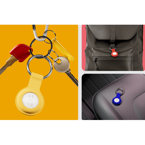 Visuel composite montrant un traceur connecté utilisé avec différents objets du quotidien : fixé à un trousseau de clés, accroch