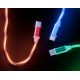 Trois connecteurs USB-C lumineux de couleurs rouge, bleue et verte présentés sur fond sombre, avec effet d’éclairage visible et Trois connecteurs USB-C lumineux de couleurs rouge, bleue et verte présentés sur fond sombre, avec effet d’éclairage visible et