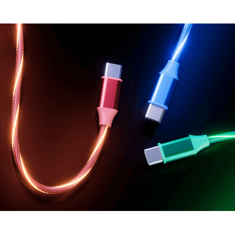 Trois connecteurs USB-C lumineux de couleurs rouge, bleue et verte présentés sur fond sombre, avec effet d’éclairage visible et 