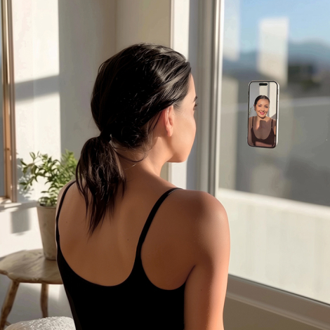 Femme regardant un smartphone fixé sur une vitre sans personnalisation visible